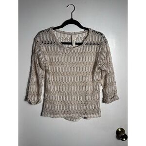 Robin-K Women's Boho Beige Lace Crochet Knit Top 3/4 Sleeve Sheer Blouse Small